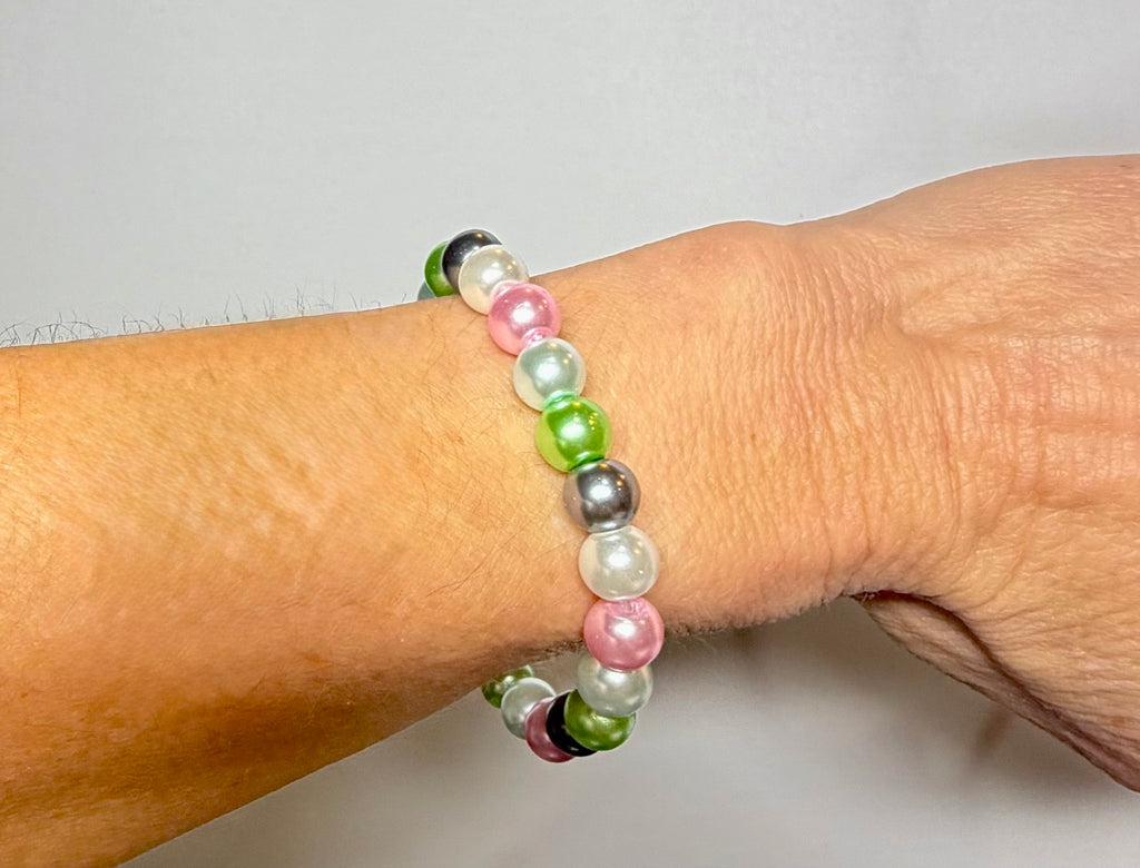 Spring Garden Pearl Beaded Stretch Bracelet | Handmade Pastel Green & Pink Jewelry