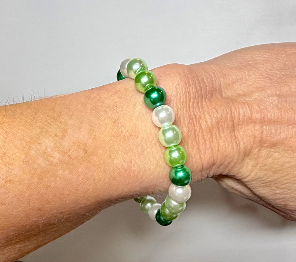 Emerald Meadow Pearl Beaded Stretch Bracelet | Handmade Green & Ivory Jewelry