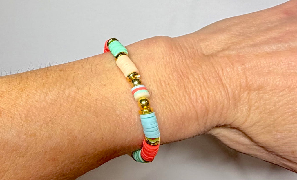 Mint, Coral & Peach Heishi Beaded Stretch Bracelet | Handmade Summer Jewelry