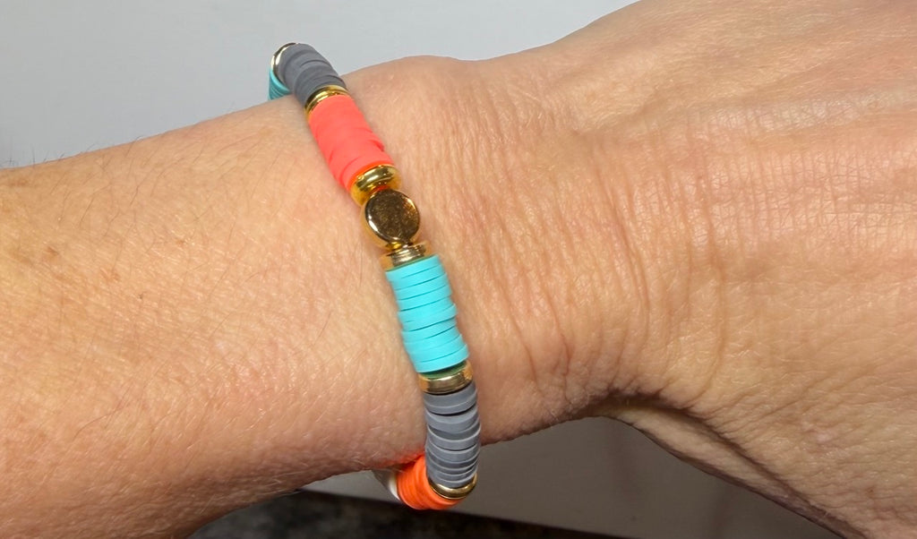 Turquoise, Coral, White & Gray Heishi Beaded Stretch Bracelet | Handmade Modern Bracelet
