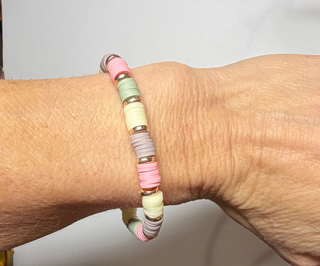 Pastel Heishi Beaded Stretch Bracelet | Blush, Sage & Soft Yellow with Gold Accents