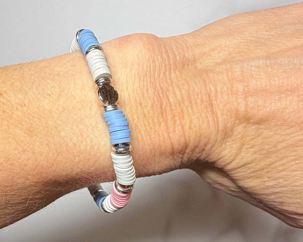 Pastel Heishi Beaded Stretch Bracelet | Blue, Blush Pink & White with Silver Accents