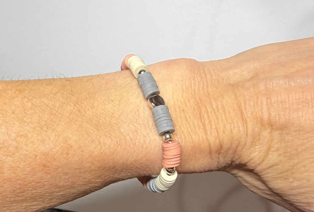 Neutral Heishi Beaded Stretch Bracelet | Peach, Cream & Gray with Silver Accents