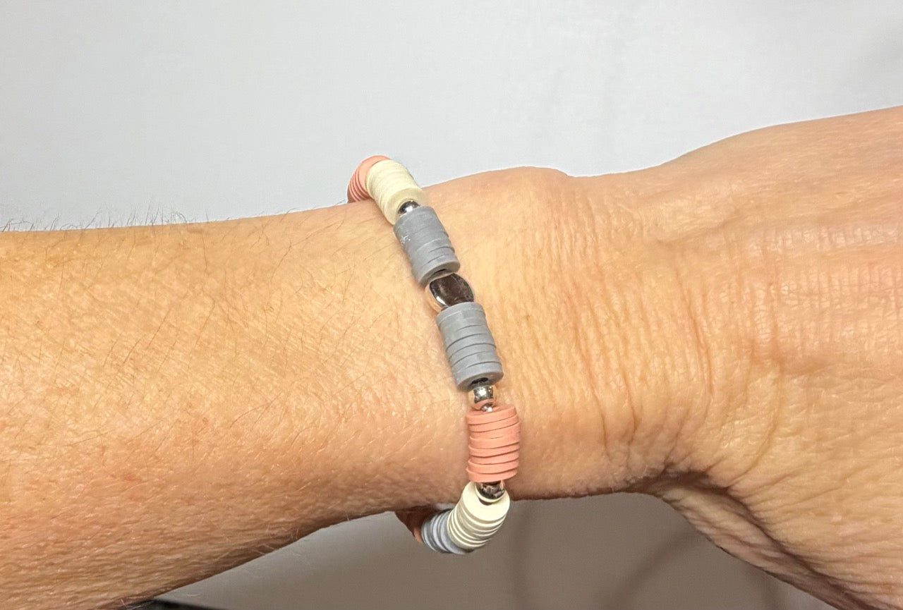 Neutral Heishi Beaded Stretch Bracelet | Peach, Cream & Gray with Silver Accents