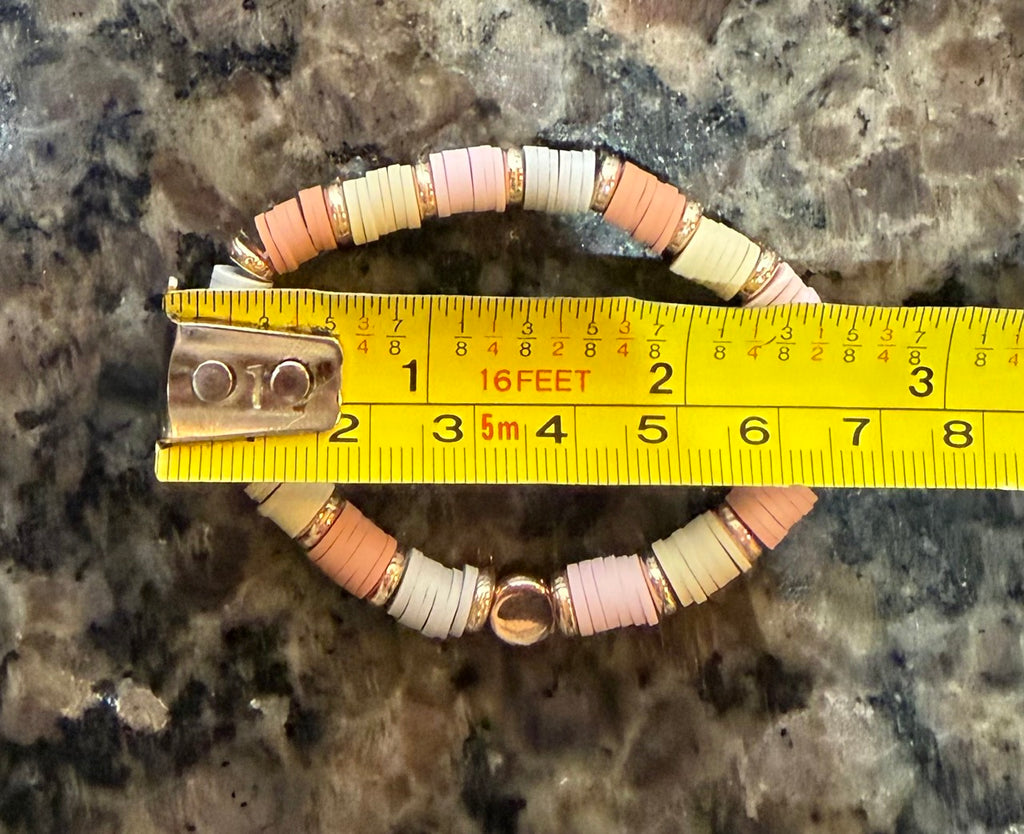 Neutral Heishi Beaded Stretch Bracelet | Peach, Blush, Cream & Soft Blue with Metallic Accents