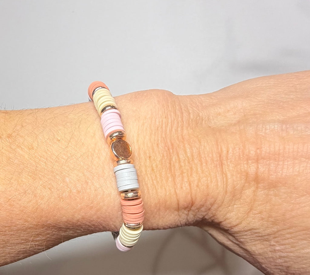 Neutral Heishi Beaded Stretch Bracelet | Peach, Blush, Cream & Soft Blue with Metallic Accents