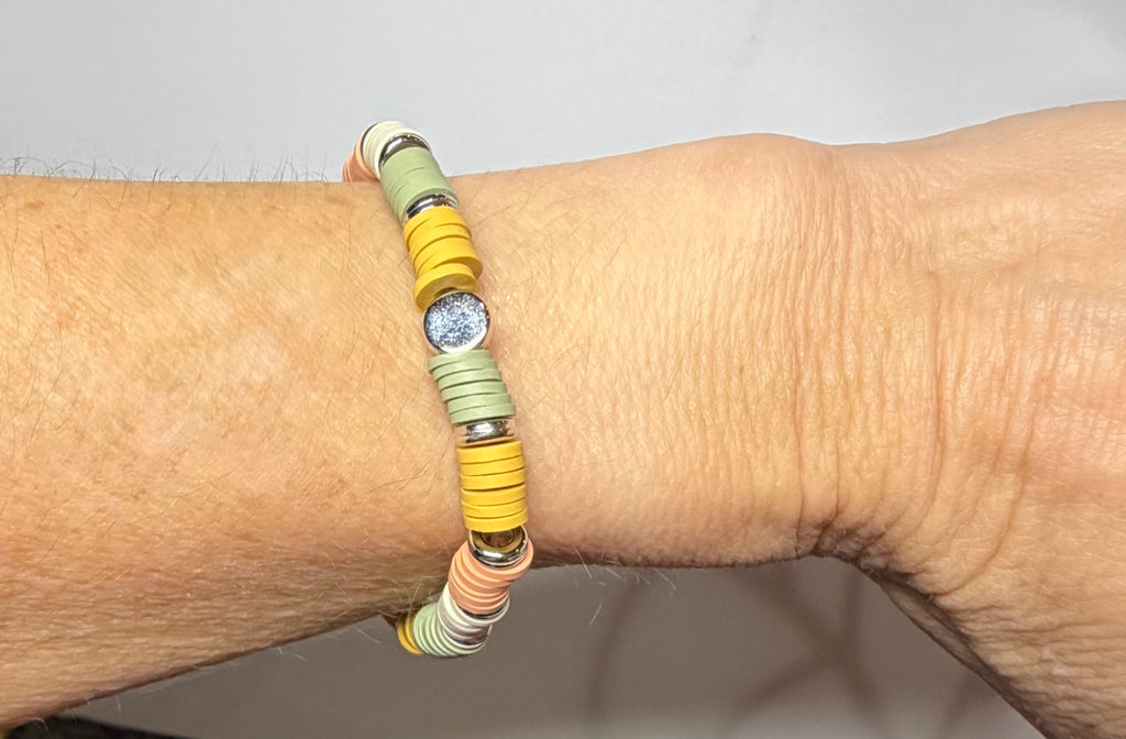 Neutral Heishi Beaded Stretch Bracelet | Sage Green, Mustard & Peach with Silver Accents