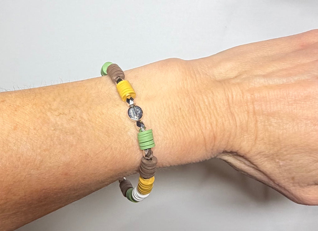 Neutral Heishi Beaded Stretch Bracelet | Sage Green, Mustard, White & Brown with Silver Accents