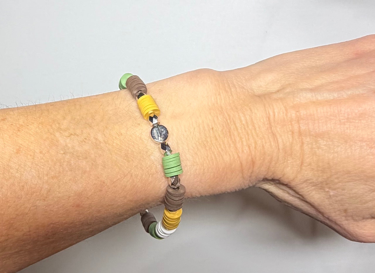 Neutral Heishi Beaded Stretch Bracelet | Sage Green, Mustard, White & Brown with Silver Accents