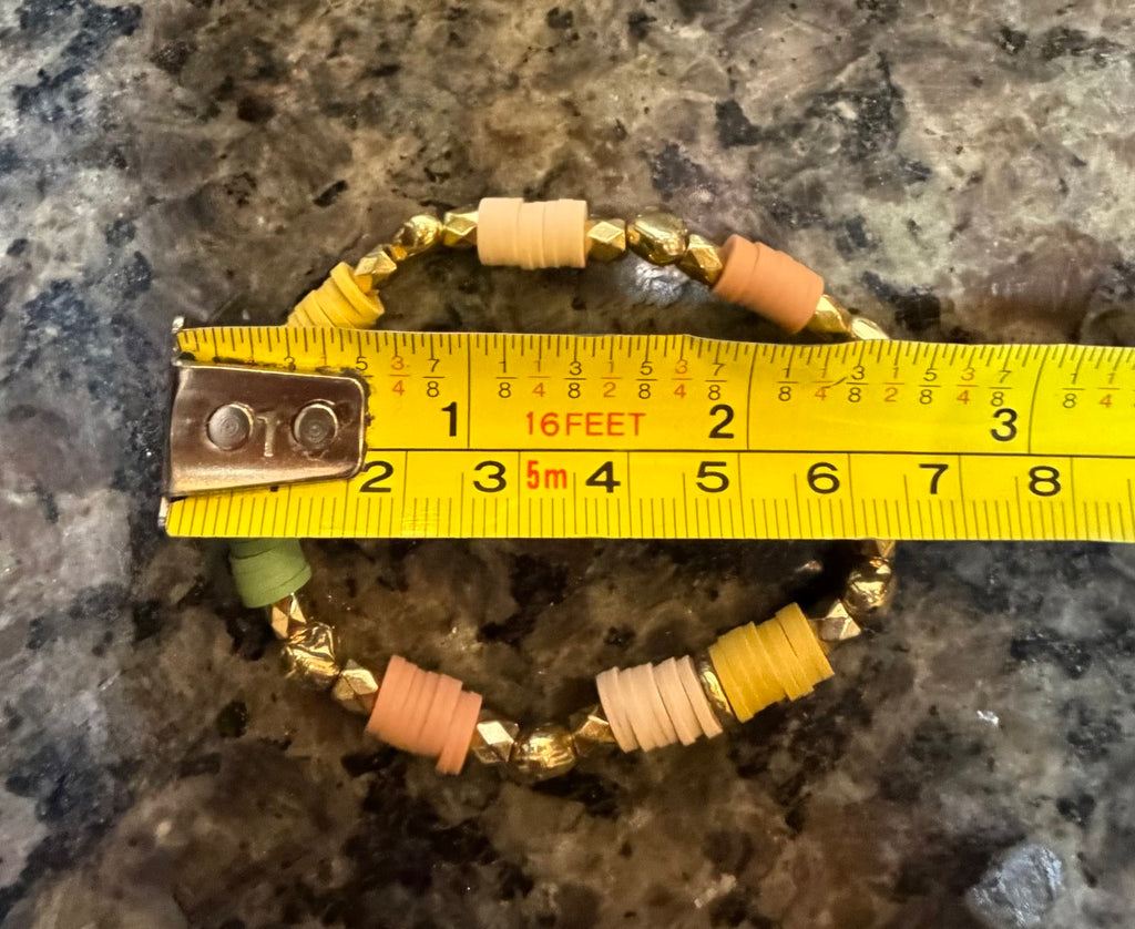 Neutral Heishi Beaded Stretch Bracelet | Peach, Mustard & Sage with Gold Accents