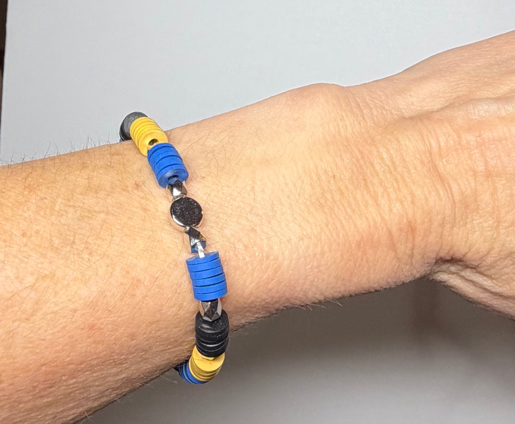 Colorblock Heishi Beaded Stretch Bracelet | Royal Blue, Mustard & Black with Gunmetal Accents